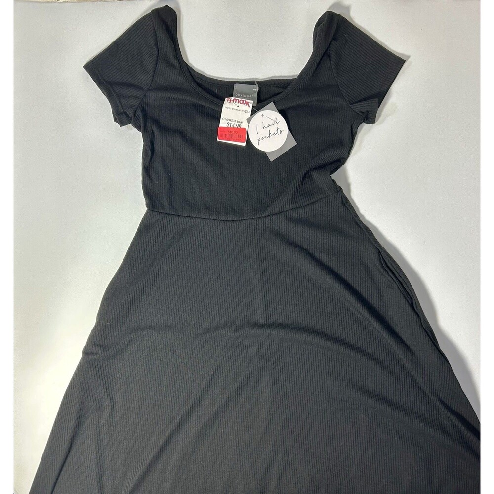 NWT Olivia Rae Size Small Black Ribbed Knit Flare Short Sleeve Mini Dress